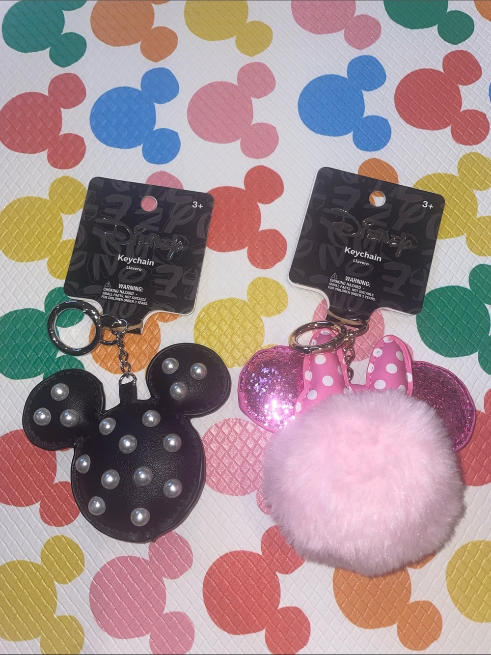 Disney Aldi Pink Pom Pom and Black Pearl Mickey Keychain Set*